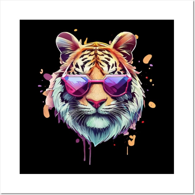 Cool tiger wearing sunglasses pastel watercolor splash Wall Art by TomFrontierArt